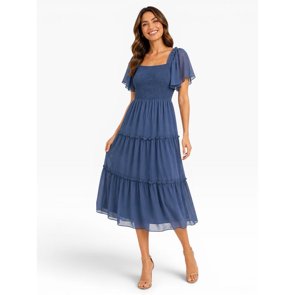 Lillusory Smocked Tiered Midi Dress Blue XL NWT